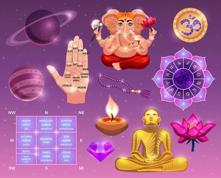 Vedic astrology colored set with planets human palm painted lines occult symbols and indian gods cartoon vector illustrationのイラスト素材