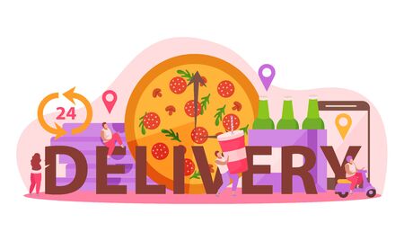 Food delivery flat composition with text and pizza clock with location signs package boxes and people vector illustrationのイラスト素材