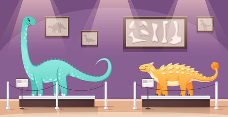 Dinosaurs cartoon composition with indoor scenery of historical museum exhibition with two colourful characters of dinos vector illustrationのイラスト素材