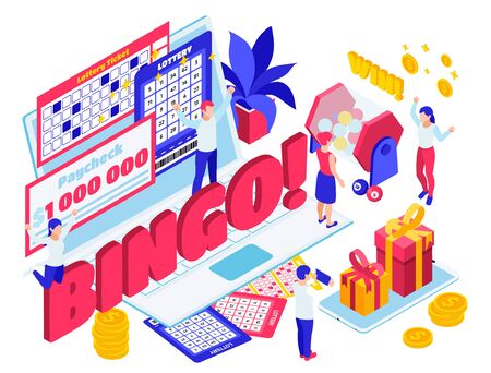 Lottery jackpot raffle ticket tumbler spinning  draw results winner million paycheck prize celebration isometric composition vector illustration のイラスト素材