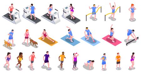 Running people set with active lifestyle and fitness symbols isometric