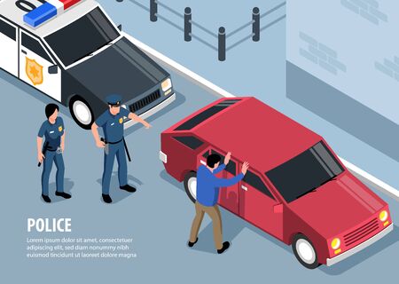 Isometric police background composition with street scenery and cars with custody scene officers and editable text vector illustrationのイラスト素材