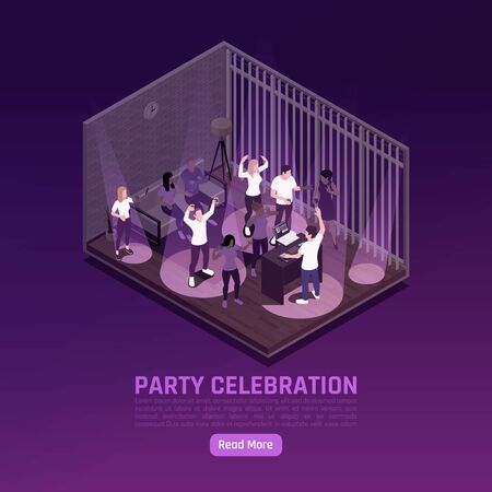 Party celebration isometric with dancing people and disk jockey with read more buttonのイラスト素材