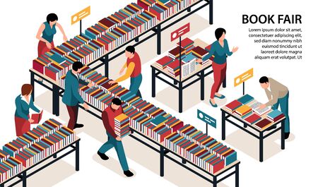 People visiting book fair 3d isometricのイラスト素材