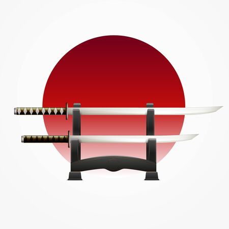 Japanese culture history with matched pair traditional swords against red circle white background flag realistic vector illustrationのイラスト素材