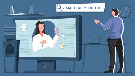 Online pharmacy flat with search for medicine headline and provisor advises patient on the Internet vector illustrationのイラスト素材
