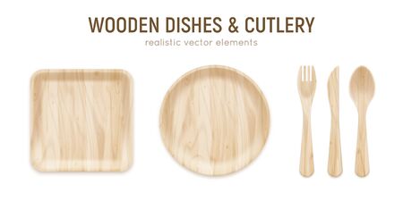 Zero waste realistic ecological wooden kitchen set with square dish round plate and cutlery vector illustrationのイラスト素材
