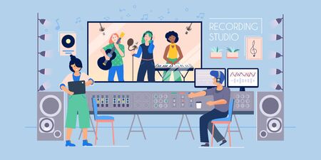 Recording studio flat composition with indoor view of music record label with sound engineer and band vector illustrationのイラスト素材
