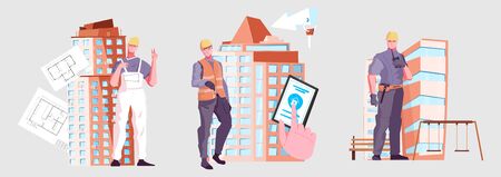 Colored flat new buildings composition three icons with foreman architect and builder vector illustrationのイラスト素材