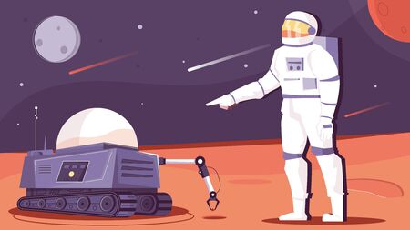 Robot space flat composition with extraterrestrial scenery and automated mars rover with astronaut character and stars vector illustrationのイラスト素材