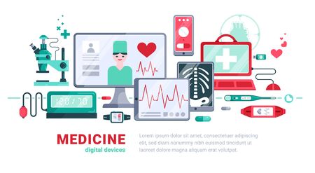 Flat digital medicine white background or banner with digital devices and tools vector illustrationのイラスト素材