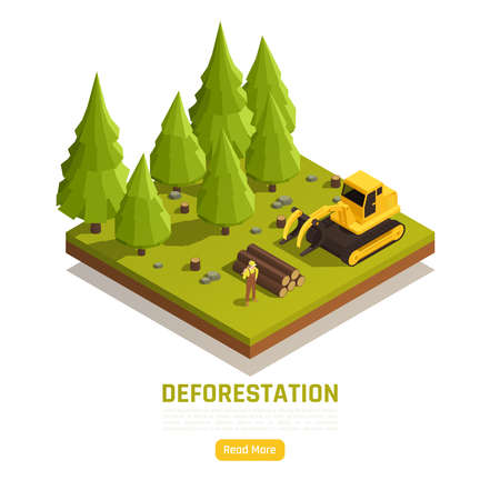 Natural resources timber conversion forest land to farms isometric composition with deforestation trees removal process vector illustration のイラスト素材