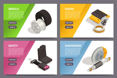 Auto parts car spares online 4 isometric horizontal web banners with safety accessories engine suspension vector illustration のイラスト素材