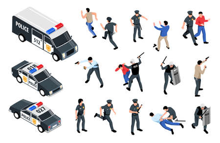 Police officers car van mobile custody unit crime prevention shooting criminals arrest isometric set isolated vector illustration のイラスト素材