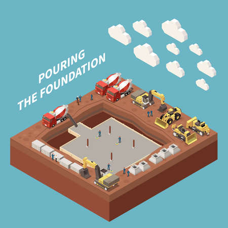 Concrete cement production isometric and colored concept with pouring the foundation headline vector...