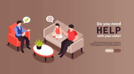 Isometric psychologist horizontal banner with editable text more button and characters of family meeting mind specialist vector illustrationのイラスト素材