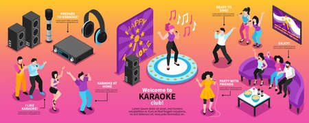 Isometric karaoke infographics with singing people characters holding microphones headphones and loudspeakers with editable text captions vector illustrationのイラスト素材