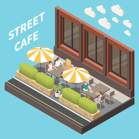 Street cafe terrace isometric and colored concept with two tables and big umbrellas vector illustrationのイラスト素材