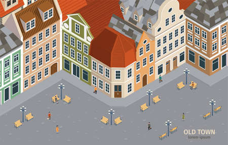 Isometric and colored old town composition with different houses in retro style vector illustrationのイラスト素材