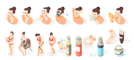 Face and skin care isometric icons set with isolated images of cosmetic treatment and female characters vector illustrationのイラスト素材