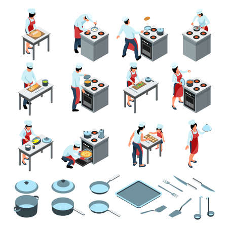 Isometric people cooking kitchen set with isolated icons of kitchenware and human characters wearing cooks uniform vector illustrationのイラスト素材