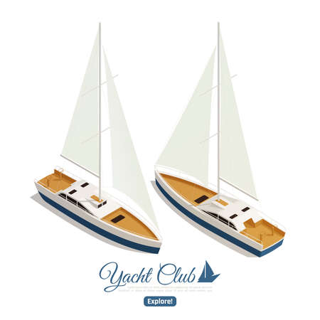 Yacht club emblem isometric landing page design with 2 sailboats go parallel in opposite direction vector illustrationのイラスト素材