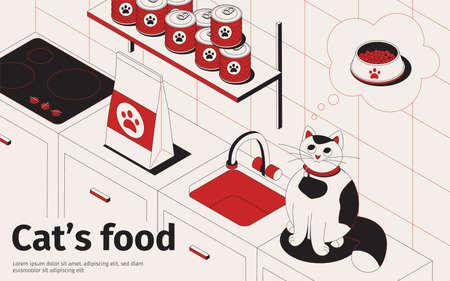 Cat food isometric background with text and kitchen interior with pets food packages and hungry cat vector illustrationのイラスト素材