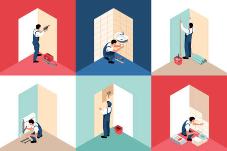 Isometric apartment repair design concept 3x2 set of square compositions with builders and finishers human characters vector illustrationのイラスト素材