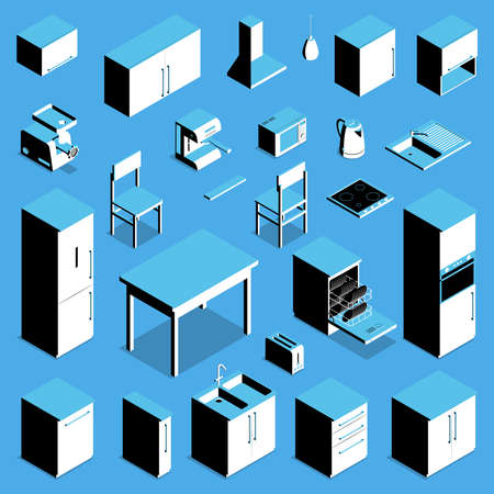 Isometric icons set with kitchen table fridge cooker kettle chair counter cupboard isolated on blue background 3d vector illustrationのイラスト素材