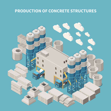 Isometric and colored concrete cement production composition with production of concrete structures description vector illustration のイラスト素材