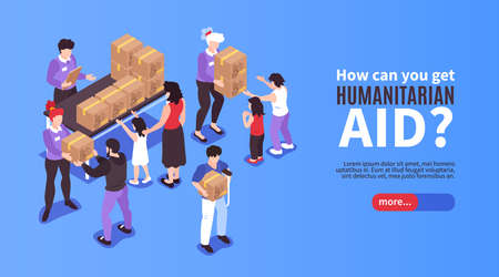 Volunteers giving boxes with humanitarian aid to needy people 3d isometric banner vector illustrationのイラスト素材