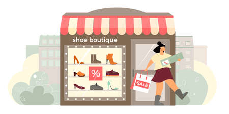 Shoe boutique facade flat composition with shop window display happy customer exits store with shoebox vector illustrationのイラスト素材