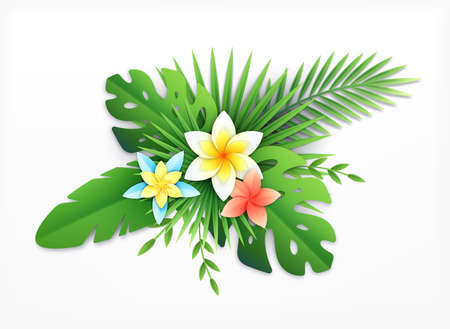 Paper tropical leaves flowers composition with paper crafted exotic blossom with colourful plants on blank background vector illustrationのイラスト素材