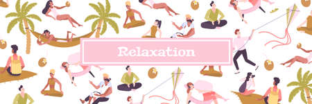 Relaxation flat pattern with people enjoying nature on summer vacation and doing meditation vector illustrationのイラスト素材