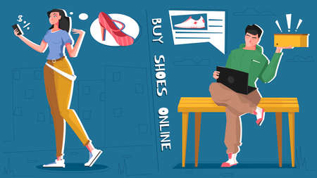 Online shop shoes flat composition with buy shoes online headline buyer and seller communication vector illustrationのイラスト素材