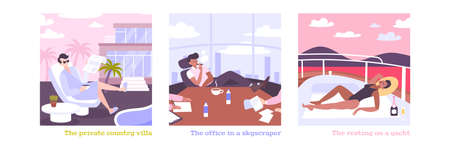 Rich people flat illustrations with millionaires on private country villa in skyscraper office resting on yacht isolated vector illustration のイラスト素材