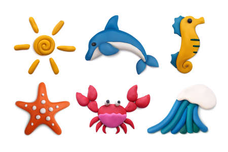 Plasticine modeling clay sea summer objects realistic top view set with crab dolphin sun isolated vector illustration のイラスト素材