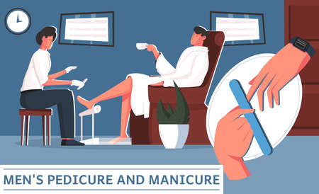 Manicure pedicure man flat composition with cosmetic salon scenery and doodle characters male client with text vector illustrationのイラスト素材