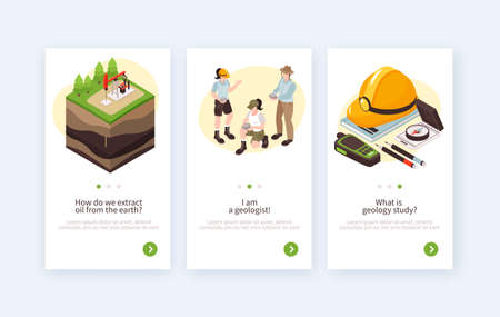 Isometric geology vertical banners collection with editable text description clickable page switch buttons and related images vector illustrationのイラスト素材