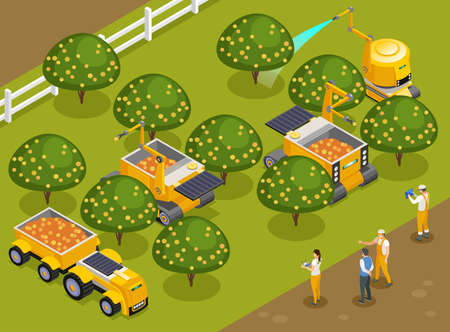 Agricultural robots orchard harvesting  isometric composition with automated machinery picking fruits and watering trees vector illustration  のイラスト素材