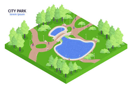 Isometric city park composition with forest river and benches a place where you can walk vector illustrationのイラスト素材
