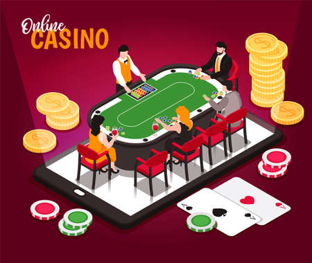 Isometric online casino conceptual composition with ornate text and images of coin piles with gambling table vector illustrationのイラスト素材