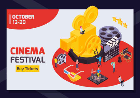 Isometric cinema festival horizontal banner with editable date text buy tickets button and golden camera image vector illustrationのイラスト素材