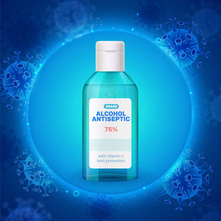 High alcohol concentration antiseptic sanitizer realistic green transparent plastic bottle against luminous blue virus background vector illustrationのイラスト素材