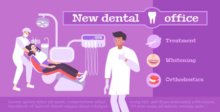 Dental clinic horizontal banner with advertising text service icons and human characters of doctors with patient vector illustrationのイラスト素材