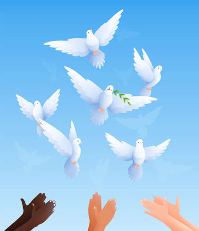 Pigeons flat composition with clear blue sky background and human hands of different colour liberating pigeons vector illustrationのイラスト素材