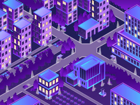 Colored and isometric urban night illustration with night lights in the city vector illustrationのイラスト素材