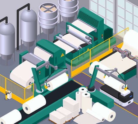 Paper production composition with conveyor and printing symbols isometric vector illustrationのイラスト素材