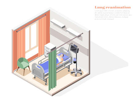 Lung illness treatment concept with reanimation symbols isometric vector illustrationのイラスト素材