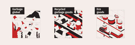 Set of isometric compositions with garbage recycling process and eco goods on shelves vector...